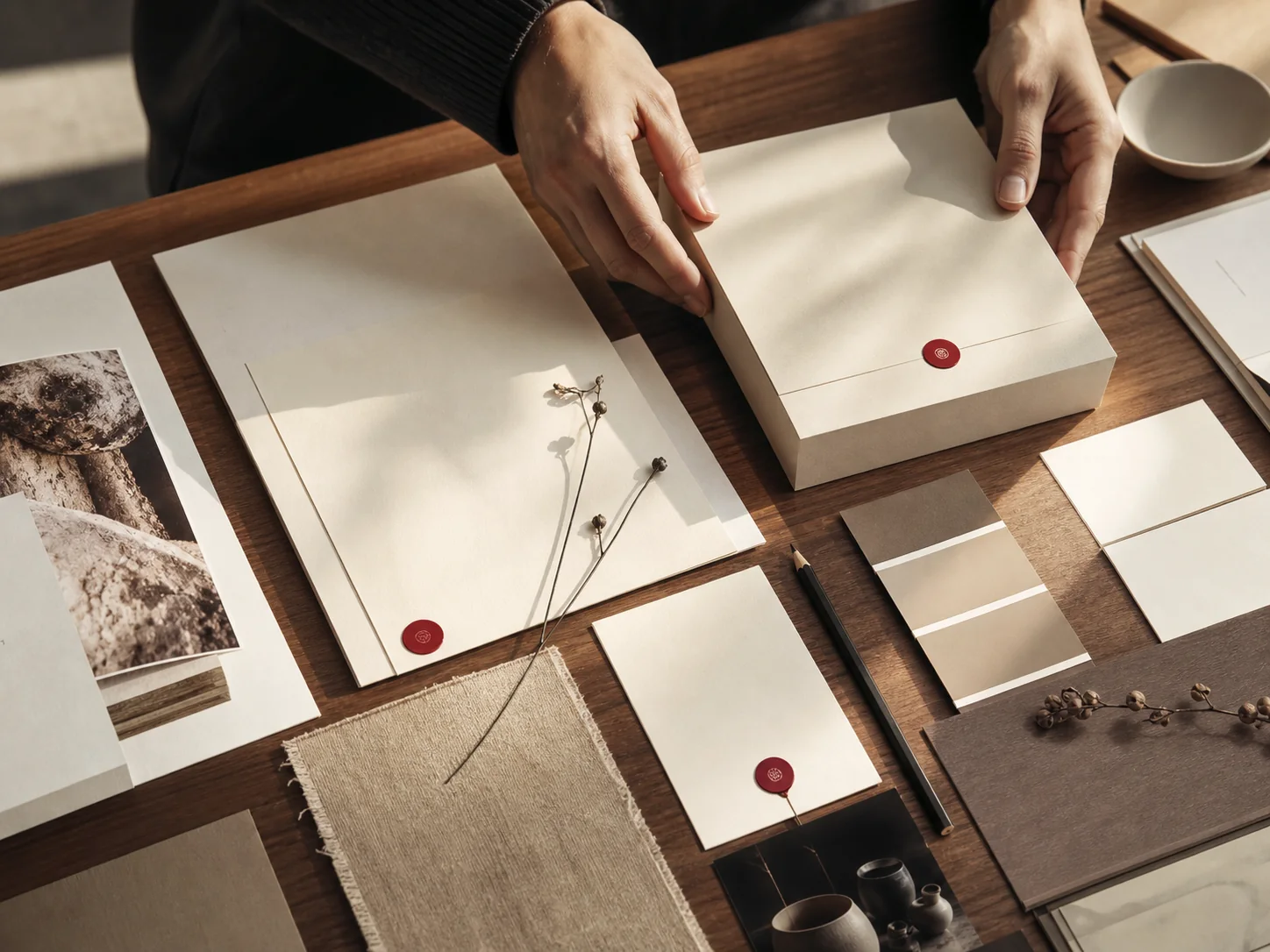 Brand designer reviewing tactile identity materials and packaging