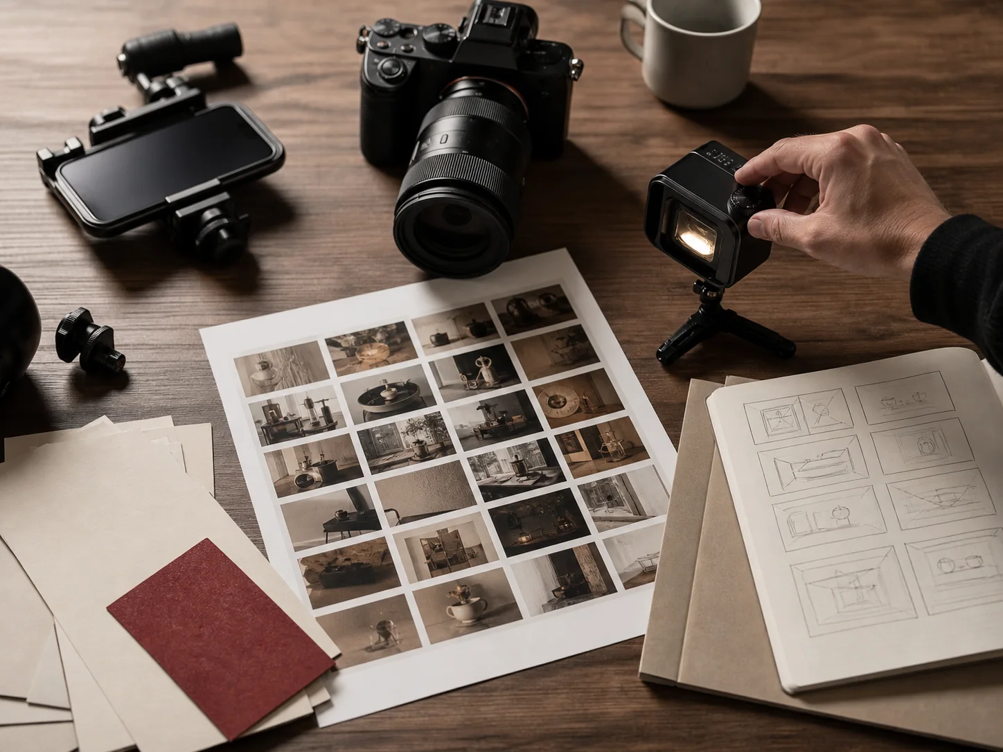 Content production table with camera, phone rig, contact sheet, and storyboard