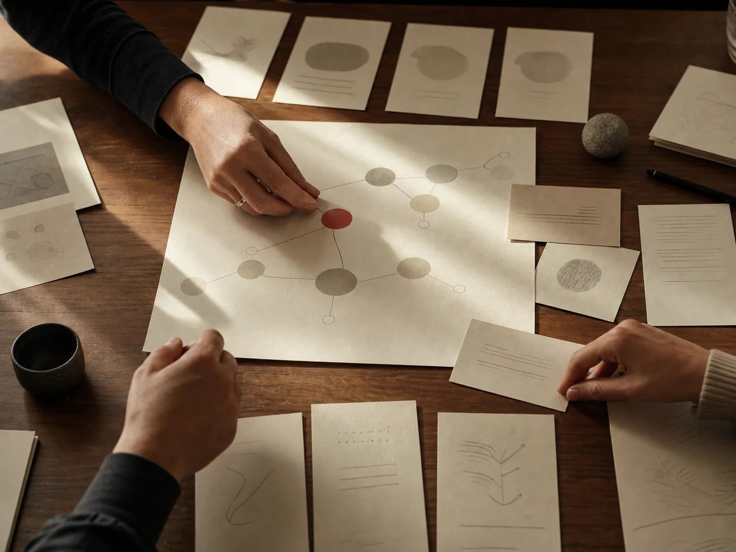 Strategy lead arranging positioning and launch-planning cards on a walnut table